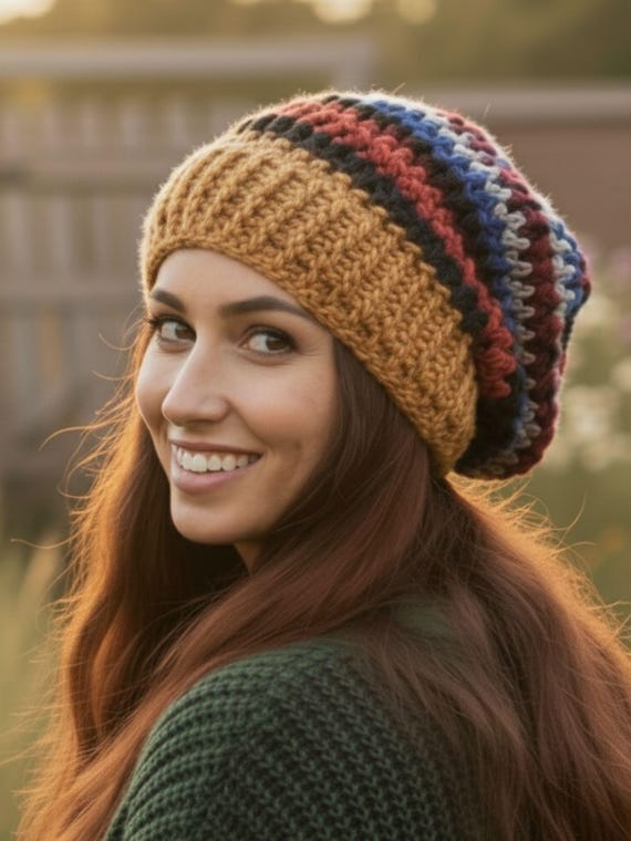 Crochet Bohemian Multicolor Beanie, Chunky Floppy Hat | US  display picture 3