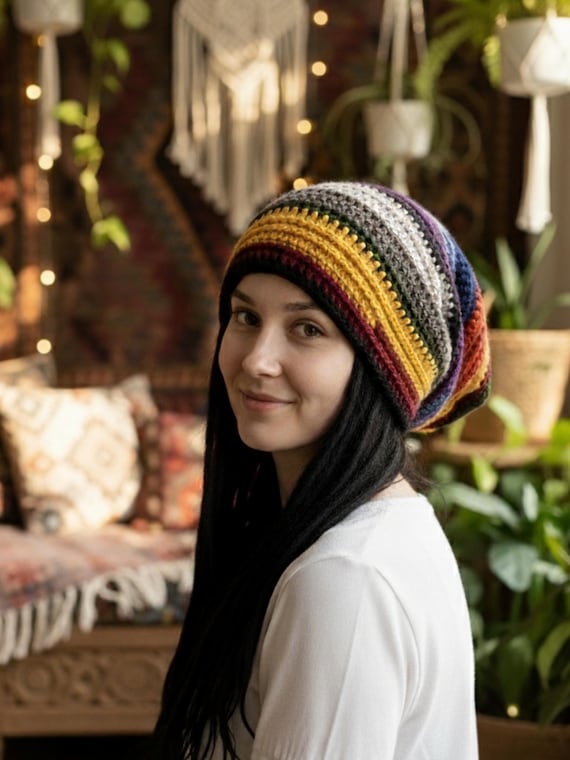Crochet Striped Beanie – Boho Hippie Hat - Etsy display picture 1