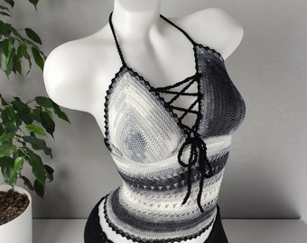 Crop top festival en crochet, bustier corset noir ombré | Cadeau d'été pour les amoureux