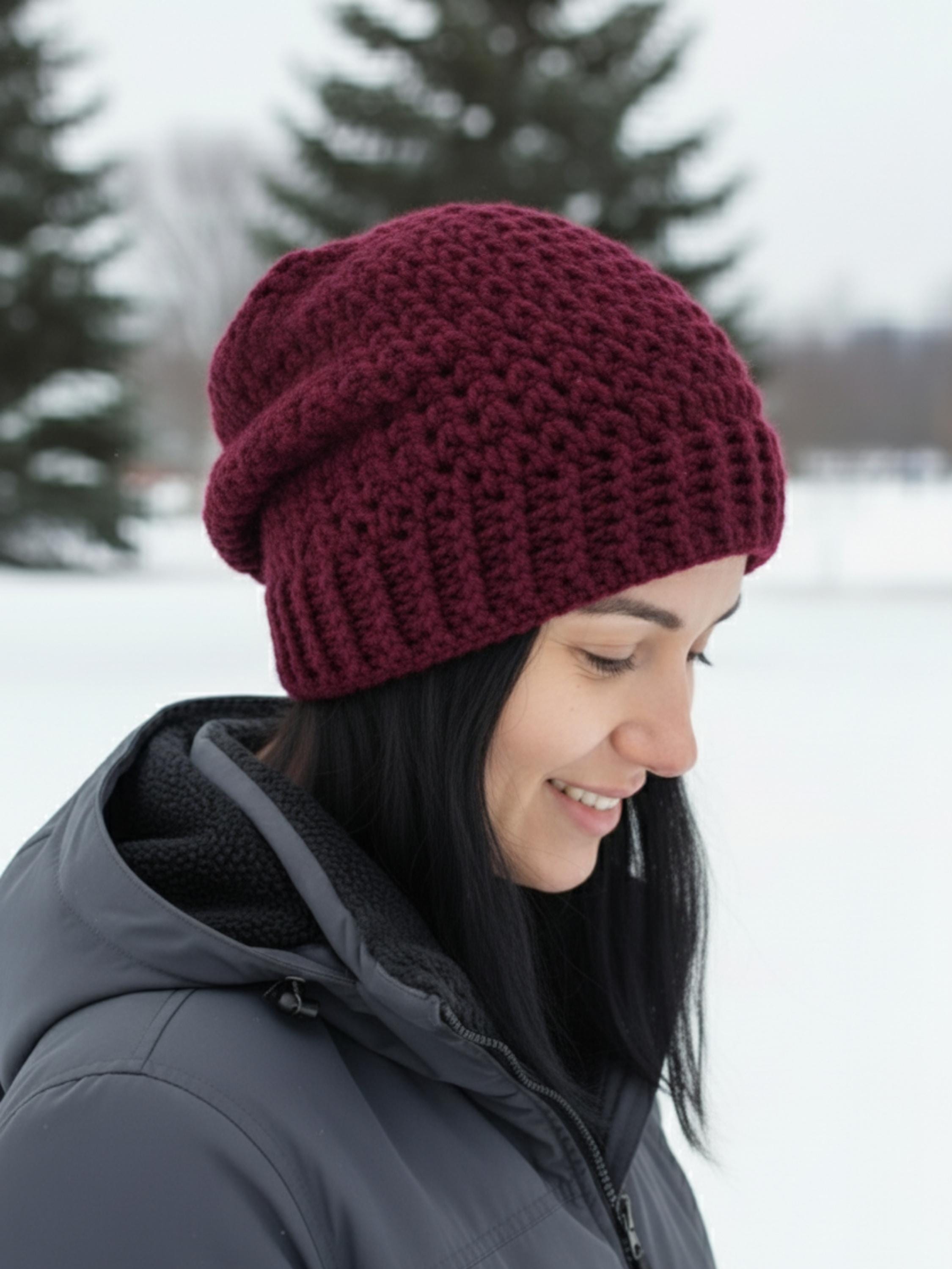 Handmade Crochet Beanie Cozy Winter Textured Sweater Knit Maroon Red Burgundy Melt the Ice. Make a Statement. Handmade pieces can carry  main image 4