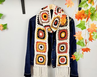 Crochet Granny Square Scarf in Autumn Colors, Long Crochet Retro Scarf