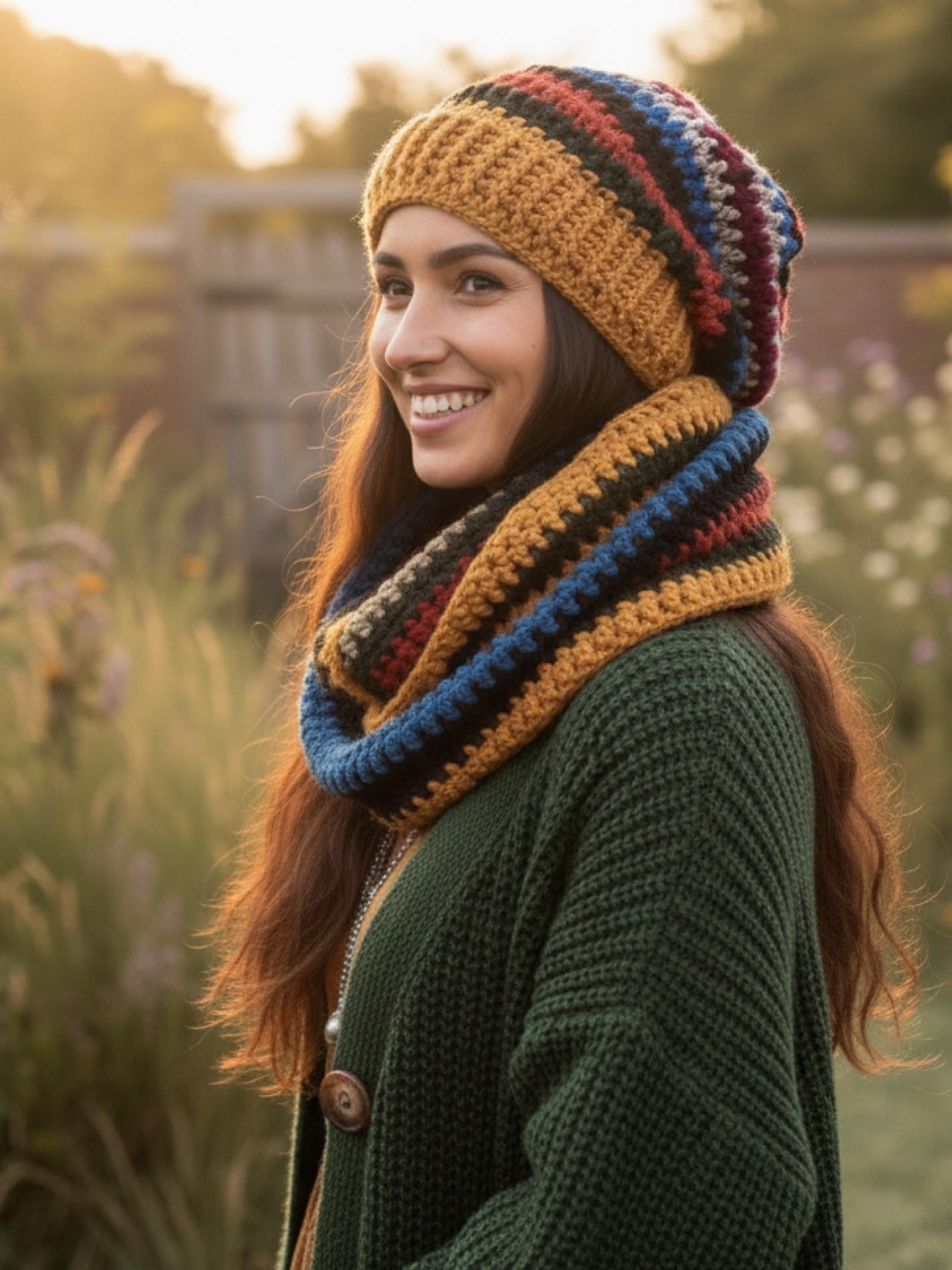 Bohemian Slouchy knit hat & neck warmer colorful set women\'s one size 2 For One Price! Goldenrod Slouchy Hat plus Twist Hdbnd  main image 2