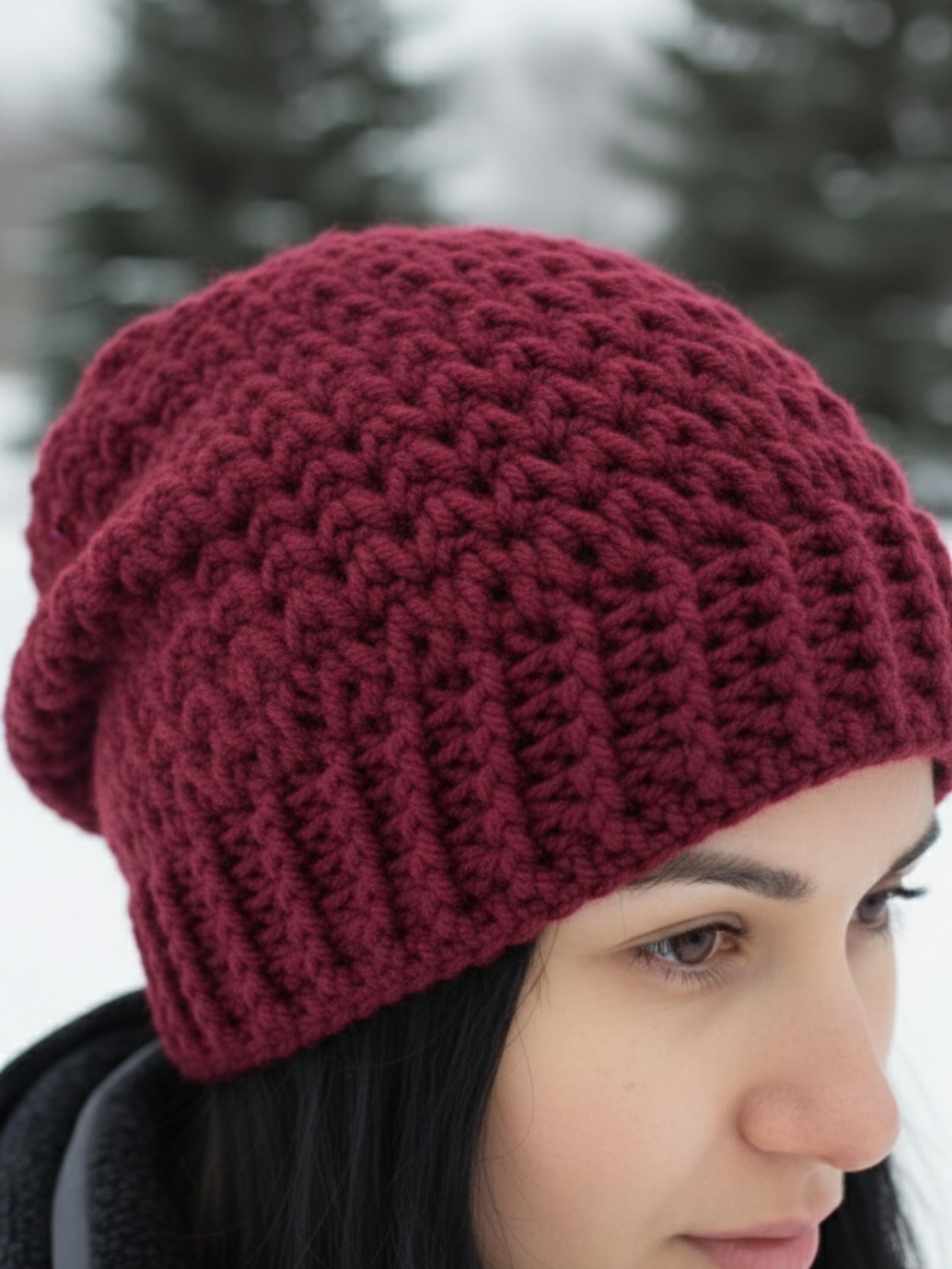 Handmade Crochet Beanie Cozy Winter Textured Sweater Knit Maroon Red Burgundy Melt the Ice. Make a Statement. Handmade pieces can carry  main image 3