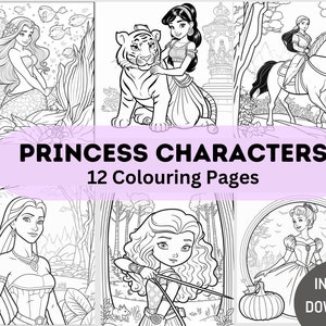 12 Princess Characters Children Colouring Pages Digital Prints Colouring pages Children art Princess art