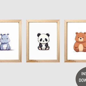 Animals wall prints nursery wall art children digital art cute animals panda hippo bear, wall art bedroom animal theme