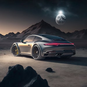 May include: A silver Porsche 911 sports car parked in a desert landscape under a night sky with a bright moon.