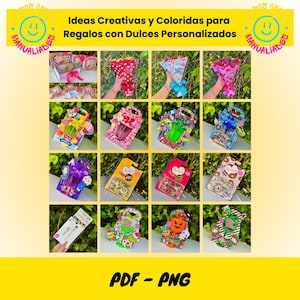 Peut inclure: Un collage d'idées cadeaux colorées avec des bonbons personnalisés. L'image présente divers arrangements, notamment des bouquets et des boîtes décoratives, avec le texte "Ideas Creativas y Coloridas para Regalos con Dulces Personalizados."