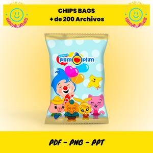 Könnte beinhalten: Eine blaue und gelbe Chipstütenvorlage mit der Zeichentrickfigur Plim Plim. Die Tüte ist mit bunten Luftballons, einem Schwein, einem Kaninchen und einer Katze verziert. Der Text "Chips Bags + de 200 Archivos" ist oben auf der Tüte gedruckt. Der Text "PDF - PNG - PPT" ist unten auf der Tüte gedruckt.