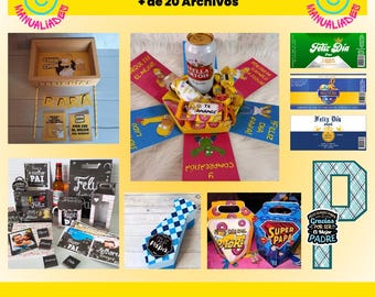May include: A collection of printable DIY Father's Day gift kits. The kits include a variety of designs, such as a box with a beer can and candy, a tie, and a box with the words "Super Papa". The image also includes a variety of printable labels and tags with the text "Feliz Dia" and "Papa".