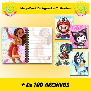 May include: A set of colorful spiral bound notebooks with various cartoon characters on the covers. The covers feature characters like Moana, Mario, Hello Kitty, and a blue dog. The text on the image reads "Mega Pack De Agendas Y Libretas + De 100 ARCHIVOS".