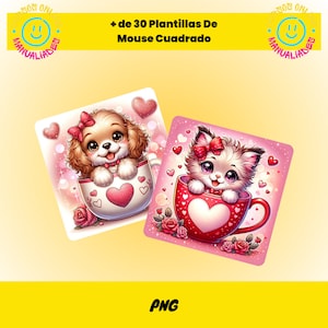 Puede incluir: Dos ilustraciones digitales de animales lindos en una taza con forma de corazón. Un cachorro marrón y blanco con un lazo rosa está en una taza blanca con un corazón rosa. Un gatito blanco y gris con un lazo rosa está en una taza roja con un corazón rosa. Ambas tazas están rodeadas de corazones rosas y rosas.