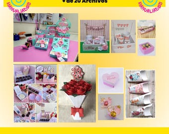 May include: A collection of printable DIY craft kits for Mother's Day. The kits include a variety of designs featuring flowers, hearts, and the word "Mae". The image also includes the text "Kits Para El Día de la Madre + de 20 Archivos".