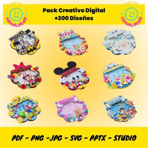 Puede incluir: Colección de packs creativos digitales con más de 300 diseños, incluyendo personajes como Batman y Mickey Mouse. Disponibles en formatos PDF, PNG, JPG, SVG, PPTX y STUDIO. Los packs presentan diversos diseños.