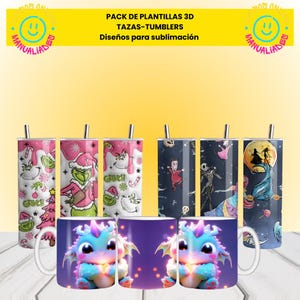 Puede incluir: Conjunto de ocho diseños de sublimación para vasos con diferentes personajes y temas, incluyendo Grinch, Pesadilla antes de Navidad y un lindo dragón. Los diseños están impresos en tazas blancas y vasos de acero inoxidable.