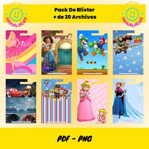 May include: A set of 8 printable party favor bags featuring popular cartoon characters like Barbie, Mario, Paw Patrol, and Frozen. The bags are designed with colorful backgrounds and images of the characters. The text "Pack De Blister + de 20 Archivos" and "PDF - PNG" are also included in the image.