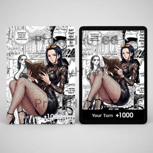 May include: Two trading cards featuring a manga-style illustration of a woman reading a book. The cards have a black and white background with text bubbles. One card reads "Your Turn +1000".