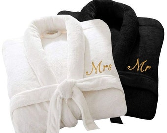 2 x Personalized Luxury Bath Robe His Hers/Mr Mrs 100% Cotton Terry Towel Bathrobes Extra Absorbent Bath Shower Anniversary Wedding Gift