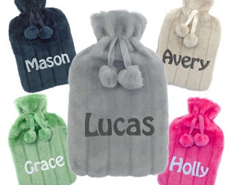 Personalised Hot Water Bottle with Plush Faux Fur & Pom Poms | 2 Litre Bottle