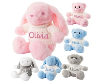 Personalised baby gift, soft plush grey bunny teddy toy, newborn present, birthday, babyshower, custom your name
