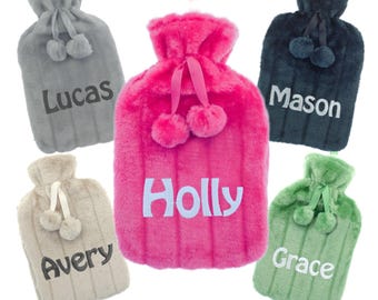 Personalised Hot Water Bottle with Plush Faux Fur & Pom Poms | 2 Litre Bottle
