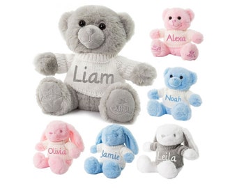 Personalised Teddy Bear Soft Toy Bunny Rabbit Stuffed Animals Christening Girls and Boys Gift, Baby Keepsake For Babies / Toddlers 20cm tall