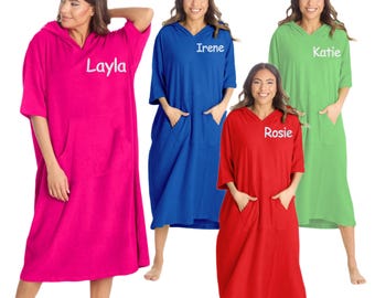 Personalised Adults Poncho 100% Cotton Towelling Changing Robe Bath Towel with Hood & Pocket For Beach, Swimming, Surfing Gift for Women Men