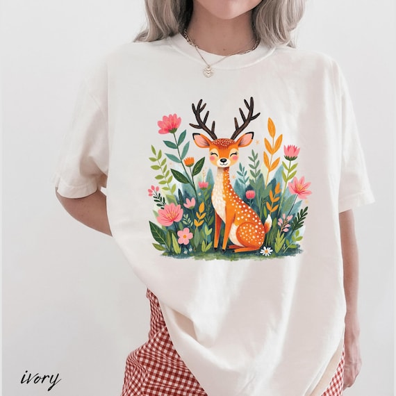 Cottagecore Deer Shirt, Woodland Fawn Tee, Vintage Floral Top, Nature Lover Present, Fairycore Forest Animal Gift, Garden Wildlife Apparel