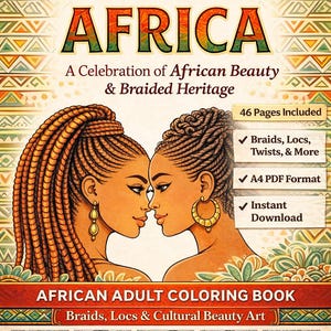 Puede incluir: Descarga digital de un libro para colorear para adultos africano titulado "Rooted in Africa". La portada presenta a dos mujeres con peinados trenzados. El libro celebra la belleza africana y el patrimonio trenzado, incluyendo trenzas, rastas, giros y más. 46 páginas incluidas.