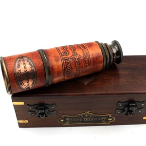 18" Antique Brass Handheld Telescope - Pirate Spyglass With Wooden Box - View #10