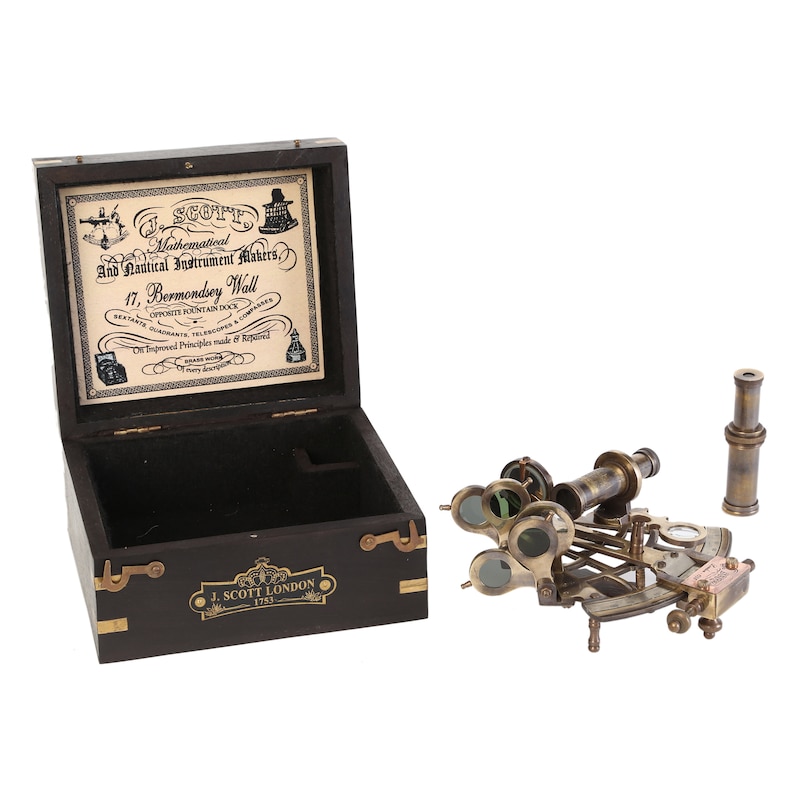 J. Scott London Brass Ship History Sextant With Hardwood Box. Nautical ...