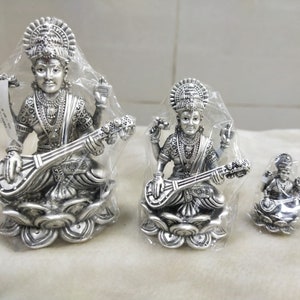 1.5 inch small 92.5% Sterling silver handmade customized Hindu idol Saraswati sharda maa statue