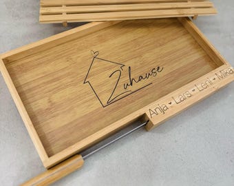Personalized bread cutting board with knife & crumb tray – Individual engraving
