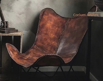 Corium vintage leather Butterfly Chair , Leather BKF, living room luxury, Relaxing Chair, ascent chair, Antique Brown for Velentine Gift