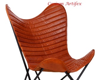 CORIUM ARTIFEX Padded Chair, Living Room Leather Chair, Brown Vintage Leather Butterfly Chair Velentine Gift