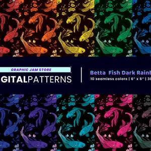 May include: A digital pattern set featuring 10 seamless designs of betta fish in a dark rainbow colour palette. Each pattern is 6 inches by 6 inches and 300 dpi.