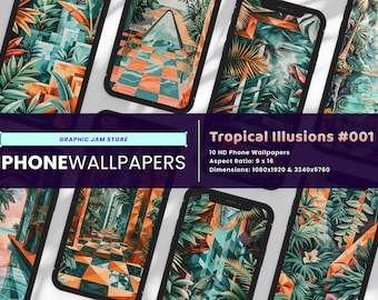 Phone Wallpapers Tropical Illusions #001 Set of 10, 1080x1920 for Digital Screens, 3240x5760 for Printing, Multi-Use, iPhone Android JPG