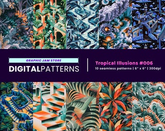 Tropical Illusions 1 #006 Pattern Bundle of 10, Digital Patterns for Printing, Digital Papers, Seamless Patterns | JPG PNG PDF