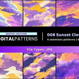 May include: Four seamless digital patterns featuring a sunset sky with purple, yellow, and pink clouds. The patterns are 6 inches by 6 inches and are available in JPG format.