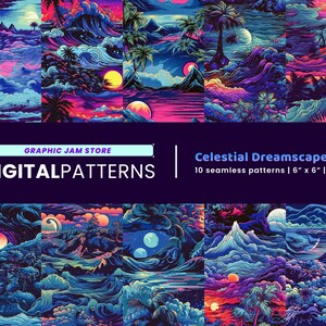 Ceslestial Dreamscapes Pattern Bundle of 10, Digital Patterns for Printing, Digital Papers, Seamless Patterns | JPG PNG PDF