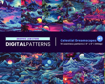 Ceslestial Dreamscapes Pattern Bundle of 10, Digital Patterns for Printing, Digital Papers, Seamless Patterns | JPG PNG PDF