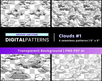 Transparent Clouds Seamless Pattern Bundle of 4, Digital Patterns for Printing, Digital Papers | PNG PDF AI