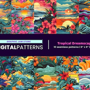 May include: Ten seamless digital patterns featuring tropical landscapes with palm trees, flowers, and sunsets. The patterns are 6 inches by 6 inches and 300 dpi.