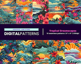 Tropical Dreamscapes Pattern Bundle of 10, Digital Patterns for Printing, Digital Papers, Seamless Patterns | JPG PNG PDF