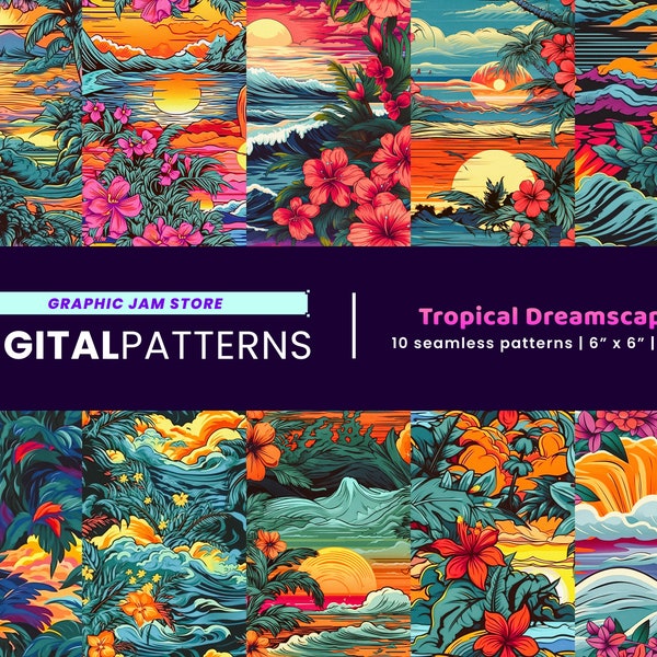 Tropical Dreamscapes Pattern Bundle of 10, Digital Patterns for Printing, Digital Papers, Seamless Patterns | JPG PNG PDF