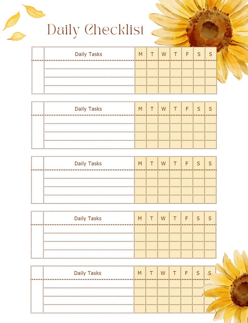 Checklist Sunflower Daily Checklist - Digital Printable | Focused Daily ...