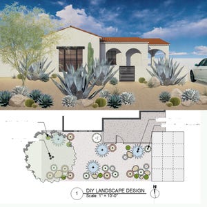 Może przedstawiać: Cyfrowe renderowanie domu w stylu południowo-zachodnim z projektem krajobrazu xeriscape. Dom ma białą elewację, czerwony dach z płytek i łukowe wejścia. Krajobraz obejmuje rośliny agawy, kaktusy i krajobraz pustynny.