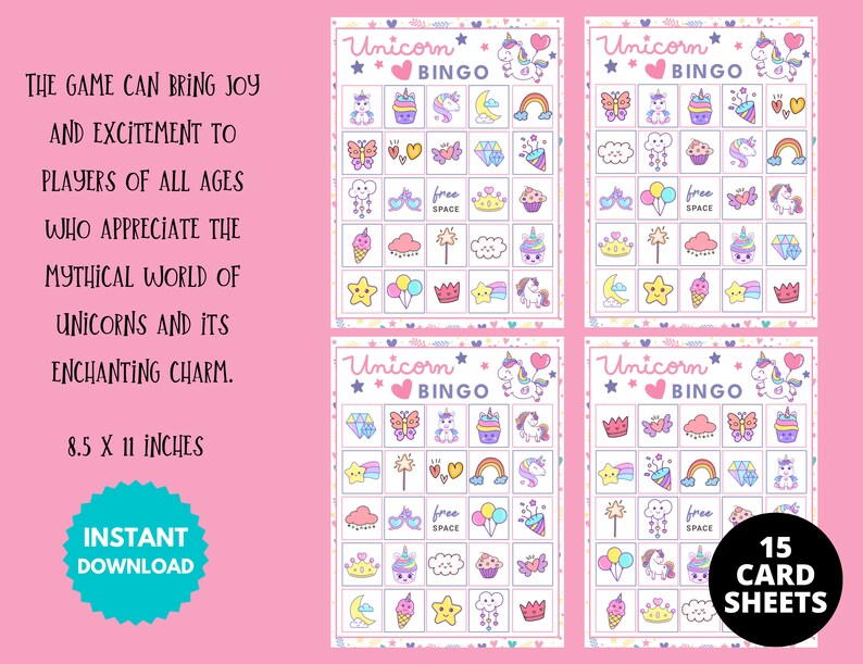 Unicorn Bingo Cards, Printable Unicorn Birthday Game, Magical Party ...