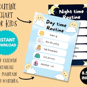 Routine-Diagramm für Kinder, druckbares Morgen- und Abend-Verantwortungsdiagramm, bereit für die Schulaufgabe und Checkliste, bearbeitbares Sofort-Download-PDF