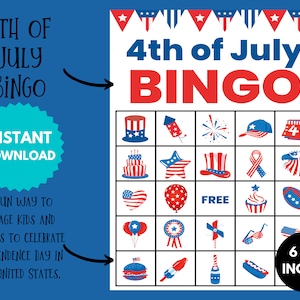 4th of July Bingo Cards, Printable Patriotic Party Game, Fun Independence Day Activity, Fourth of July Gift for Kids, Instant Download PDF