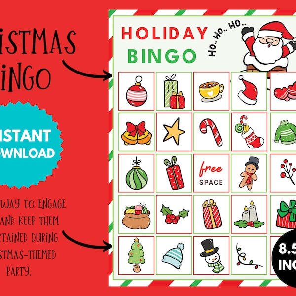 Christmas Bingo Cards, Printable Holiday Party Game, Fun Festive Winter Activity, Unique Xmas Gift for Kids, Digital Instant Download PDF